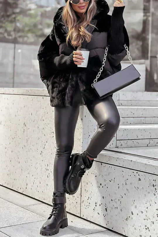 Women's Puffer Jacket, Faux Fur Hood with Knit Sleeves