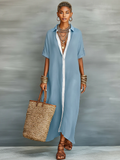 Linen Blend Short Sleeve Shirt Maxi Dress for Women 3