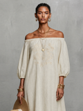 Women's Off-Shoulder Maxi Dress Embroidered Three Quarter Sleeve 4