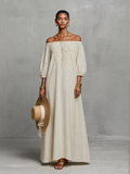Women's Off-Shoulder Maxi Dress Embroidered Three Quarter Sleeve 6