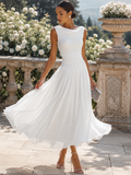 Pleated Midi Dress Draped Neck Sleeveless Fitted 5