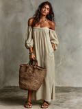 Women's Cotton Linen Off-Shoulder Maxi Dress Long Sleeve Vacation 2