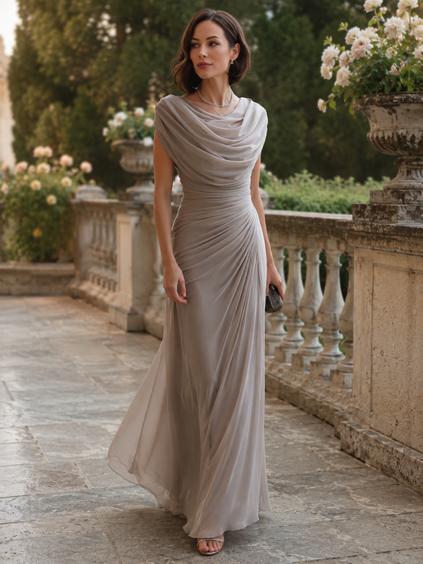 Cowl-Neck Ruched Draped Maxi Dress