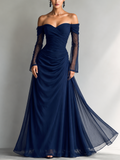 Women's Dark Blue Chiffon Organza Maxi Dress Off-Shoulder Long Sleeve Fitted 1