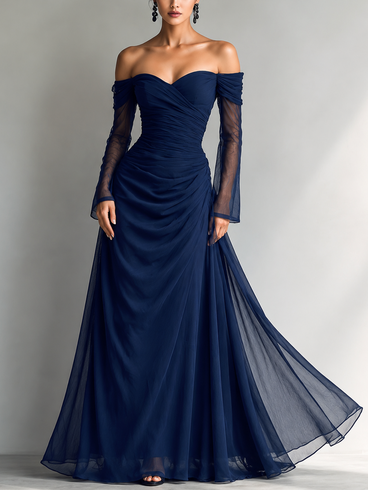 Women's Dark Blue Chiffon Organza Maxi Dress Off-Shoulder Long Sleeve Fitted