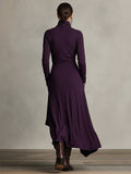 Purple Boho Cotton Stretch Turtleneck Asymmetric Draped Maxi Dress 6