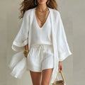 Linen 3 Piece Set V-Neck Top Drawstring Shorts Kimono 1