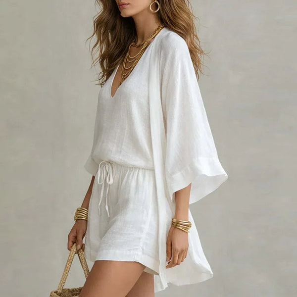 Linen 3 Piece Set V-Neck Top Drawstring Shorts Kimono