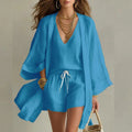 Linen 3 Piece Set V-Neck Top Drawstring Shorts Kimono 4