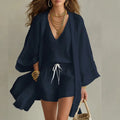 Linen 3 Piece Set V-Neck Top Drawstring Shorts Kimono 5