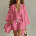 Linen 3 Piece Set V-Neck Top Drawstring Shorts Kimono 6