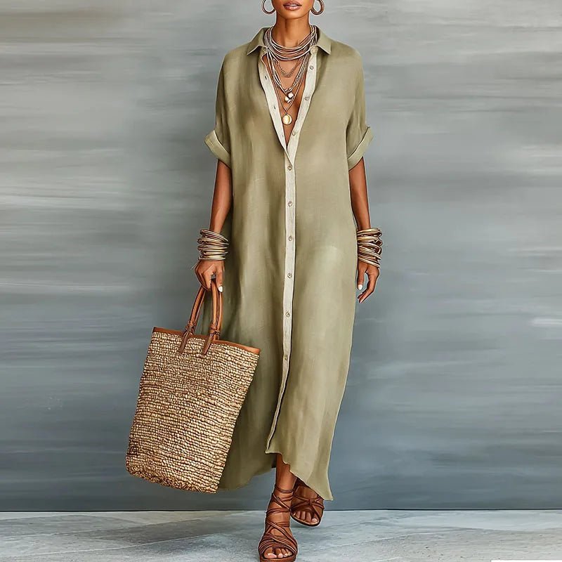 Linen Maxi Shirt Dress Short Sleeve Button Down Relaxed Fit