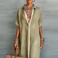 Linen Maxi Shirt Dress Short Sleeve Button Down Relaxed Fit 3