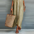 Linen Maxi Shirt Dress Short Sleeve Button Down Relaxed Fit 4