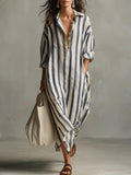 Linen Maxi Shirt Dress V-Neck Striped Long Sleeve Loose Fit 1