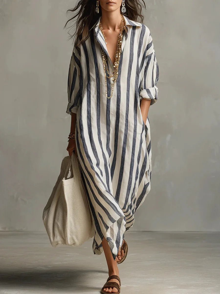 Linen Maxi Shirt Dress V-Neck Striped Long Sleeve Loose Fit