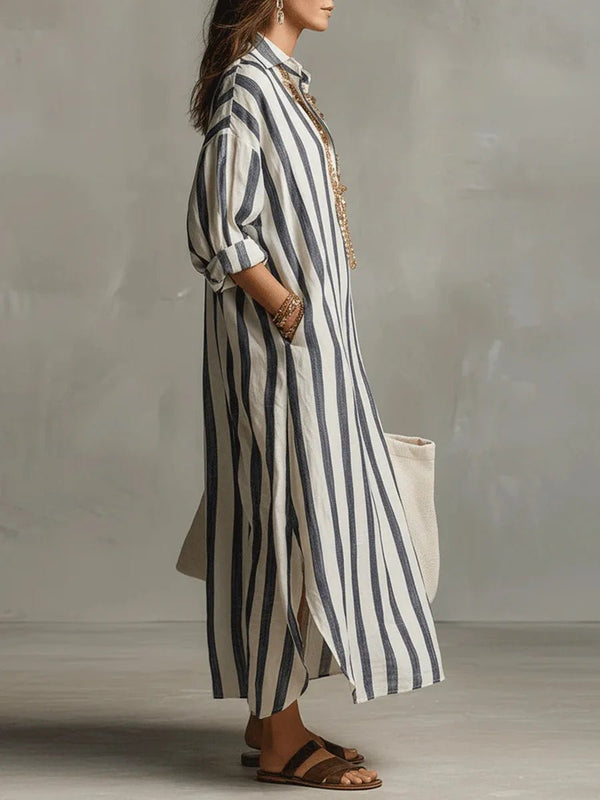 Linen Maxi Shirt Dress V-Neck Striped Long Sleeve Loose Fit