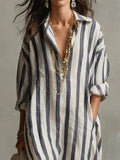 Linen Maxi Shirt Dress V-Neck Striped Long Sleeve Loose Fit 3