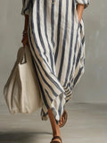 Linen Maxi Shirt Dress V-Neck Striped Long Sleeve Loose Fit 4