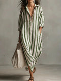 Linen Maxi Shirt Dress V-Neck Striped Long Sleeve Loose Fit 5