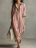 Linen Maxi Shirt Dress V-Neck Striped Long Sleeve Loose Fit 6