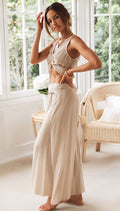 Linen Two-Piece Set V-Neck Crop Top Wide-Leg Pants 3