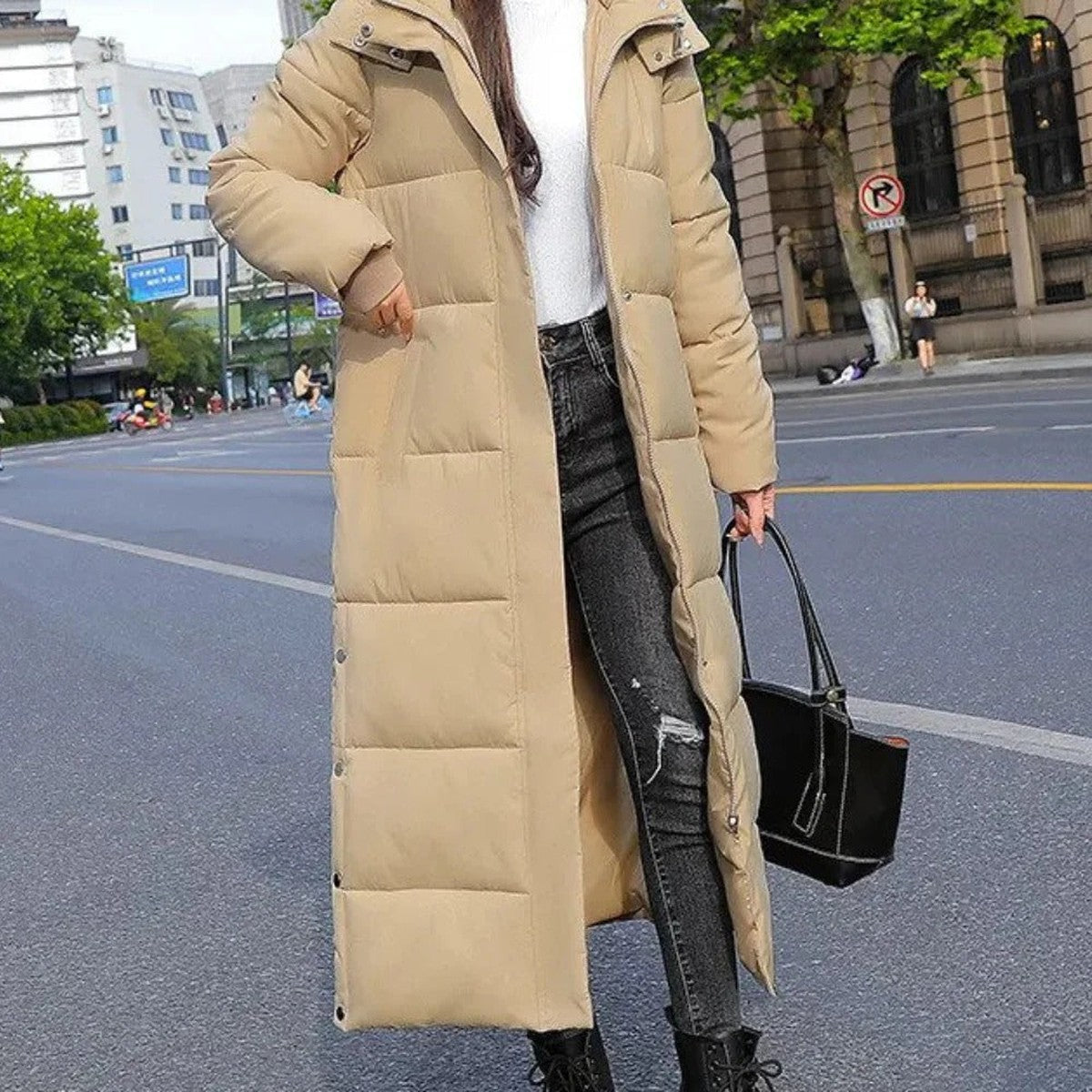 Women's Maxi Puffer Coat, Long Hooded with Ribbed Cuffs