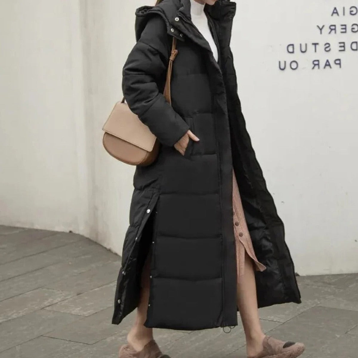 Women's Maxi Puffer Coat, Long Hooded with Ribbed Cuffs