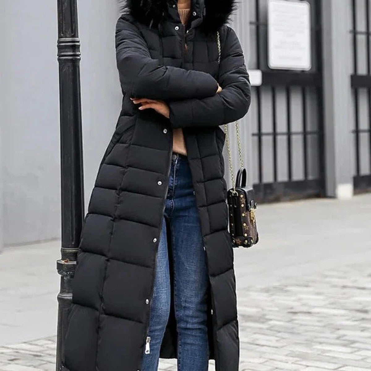 Women's Long Puffer Coat, Faux Fur Hood Quilted