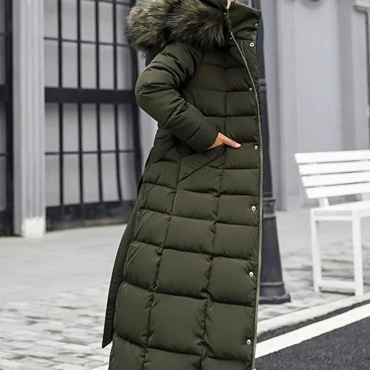 Women's Long Puffer Coat, Faux Fur Hood Quilted