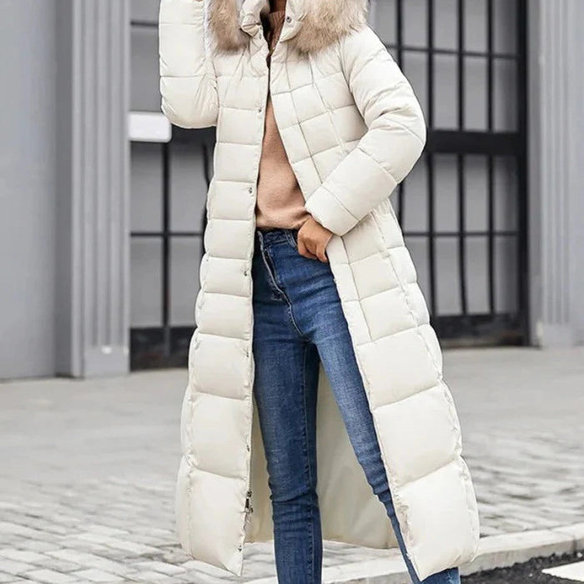 Women's Long Puffer Coat, Faux Fur Hood Quilted