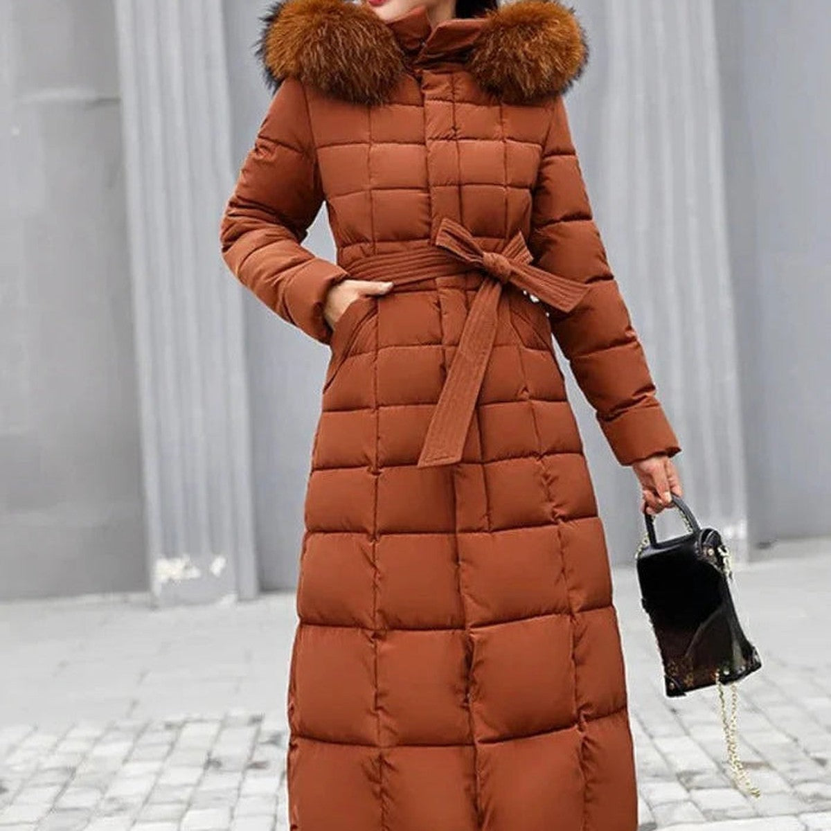 Women's Long Puffer Coat, Faux Fur Hood Quilted