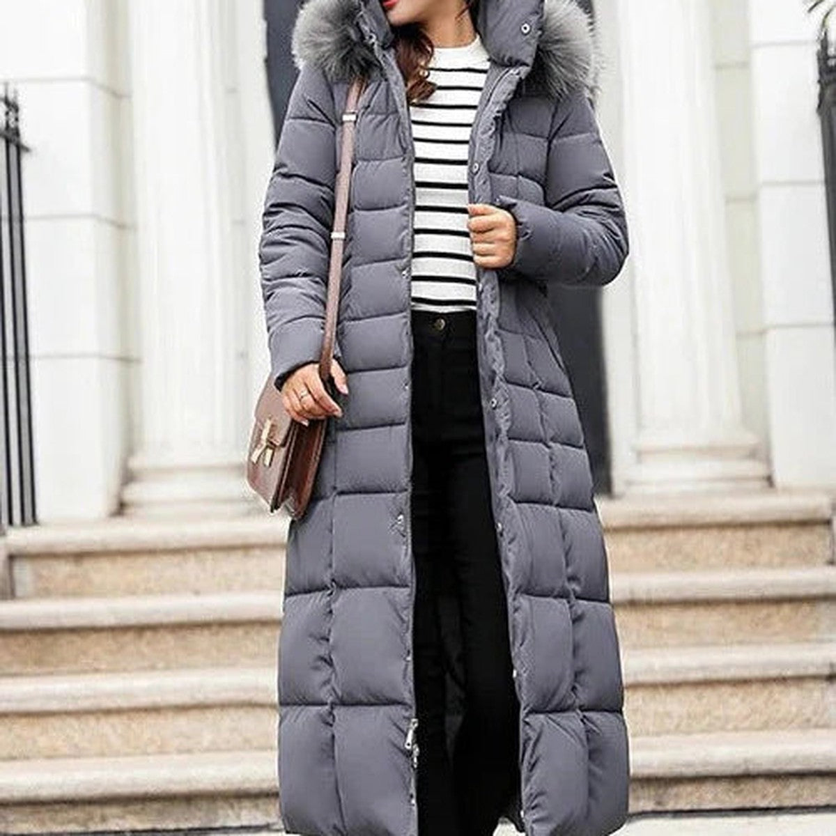 Women's Long Puffer Coat, Faux Fur Hood Quilted