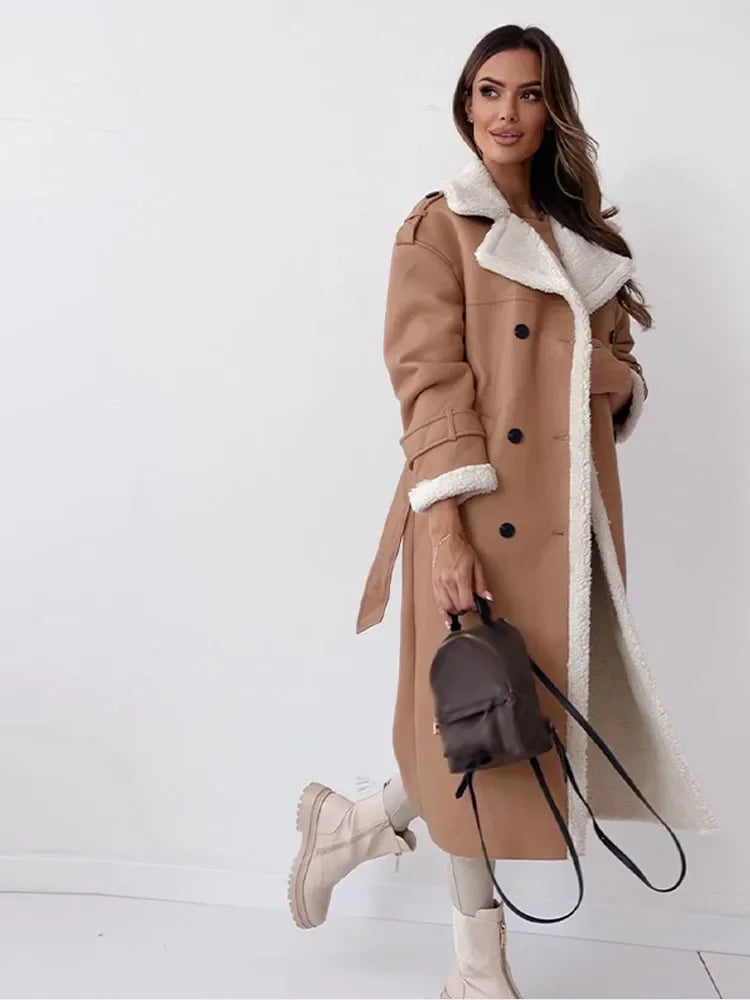 Women's Long Faux Leather Coat, Shearling Lined Aviator
