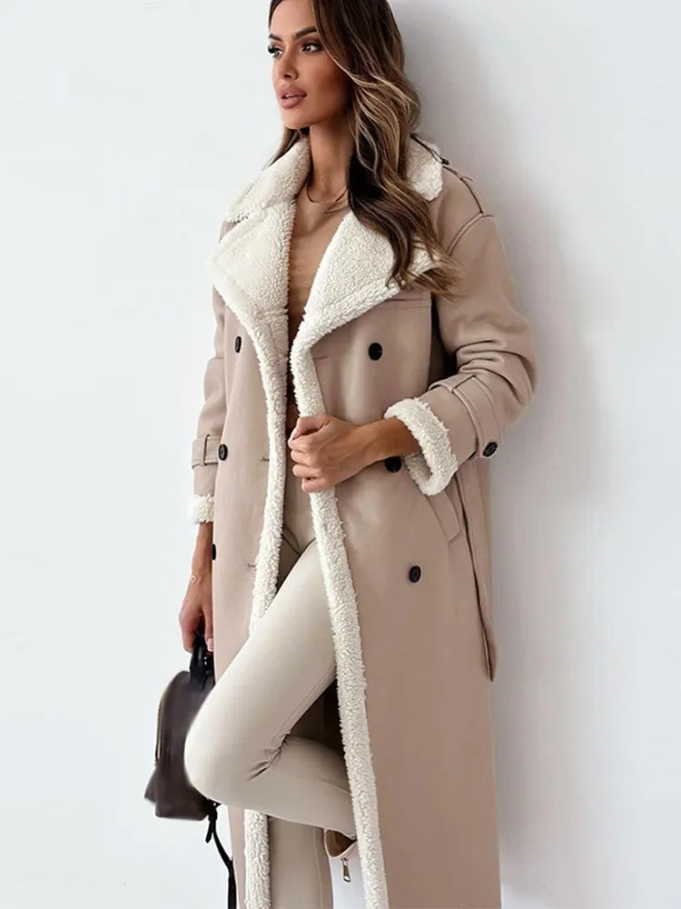 Women's Long Faux Leather Coat, Shearling Lined Aviator