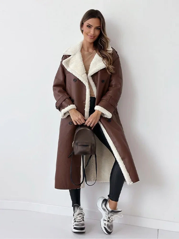 Women's Long Faux Leather Coat, Shearling Lined Aviator