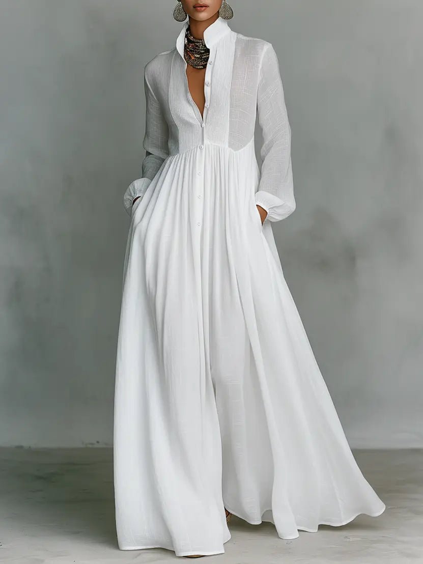 Maxi Dress Cotton Linen Blend Button Front Stand Collar