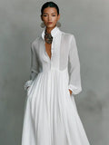 Maxi Dress Cotton Linen Blend Button Front Stand Collar 5