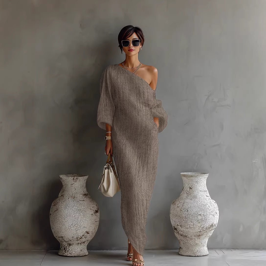 Maxi Dress Linen Blend Off Shoulder Lantern Sleeve Loose Fit