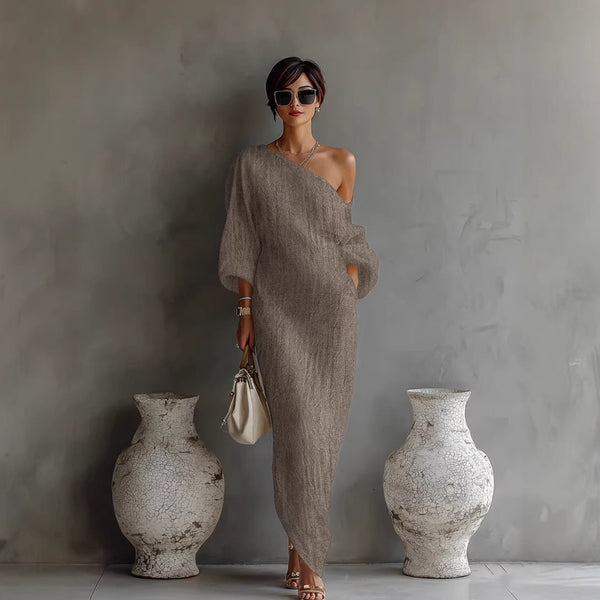 Maxi Dress Linen Blend Off Shoulder Lantern Sleeve Loose Fit