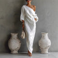 Maxi Dress Linen Blend Off Shoulder Lantern Sleeve Loose Fit 2
