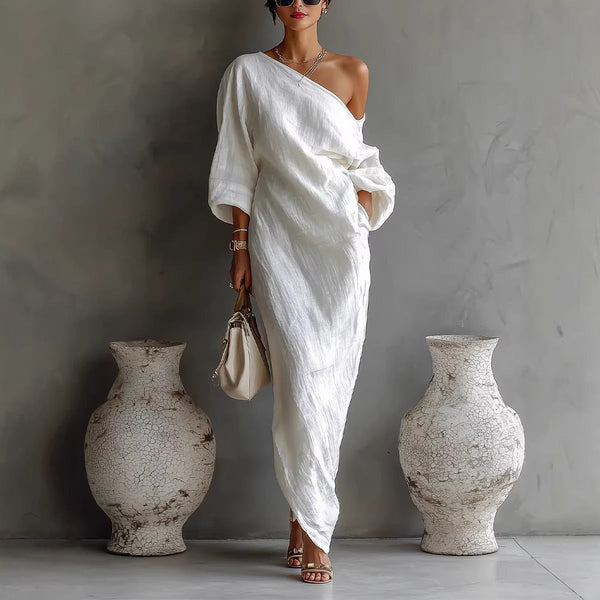 Maxi Dress Linen Blend Off Shoulder Lantern Sleeve Loose Fit