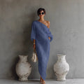 Maxi Dress Linen Blend Off Shoulder Lantern Sleeve Loose Fit 3
