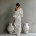 Maxi Dress Linen Blend Off Shoulder Lantern Sleeve Loose Fit 6