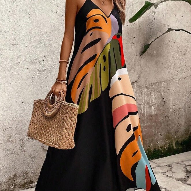 Maxi Dress Tropical Leaf Print Sleeveless V-Neck