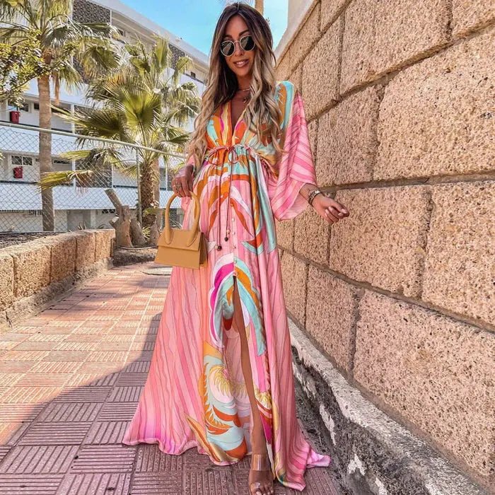 Maxi Dress Abstract Print V-Neck Kimono Sleeve Split