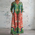 Maxi Dress Linen V-Neck Boho Floral Ethnic Long Sleeve 1