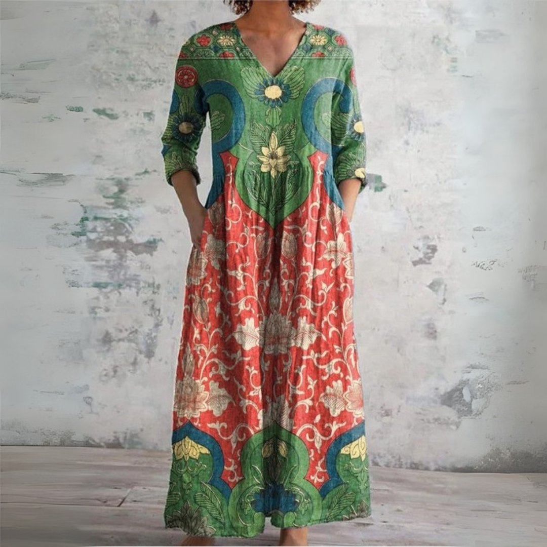 Maxi Dress Linen V-Neck Boho Floral Ethnic Long Sleeve
