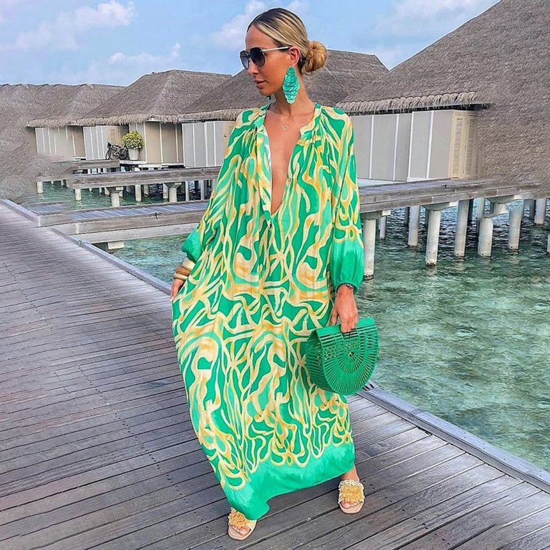 Maxi Kaftan Dress Abstract Print V-Neck Cover-Up
