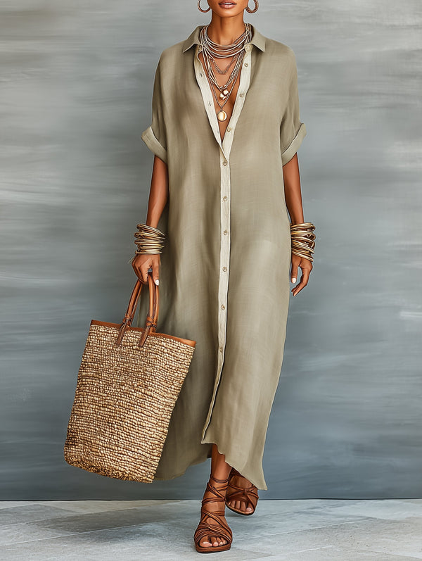 Maxi Shirt Dress Linen Blend Short Sleeve Minimalist Fit